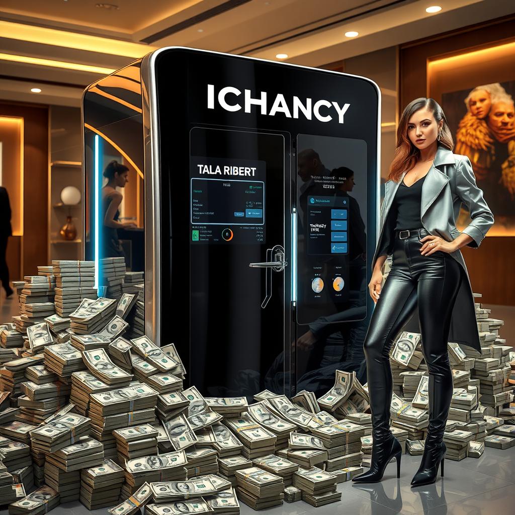 A sophisticated modern machine named 'Ichancy' surrounded by stacks of money and dollar bills