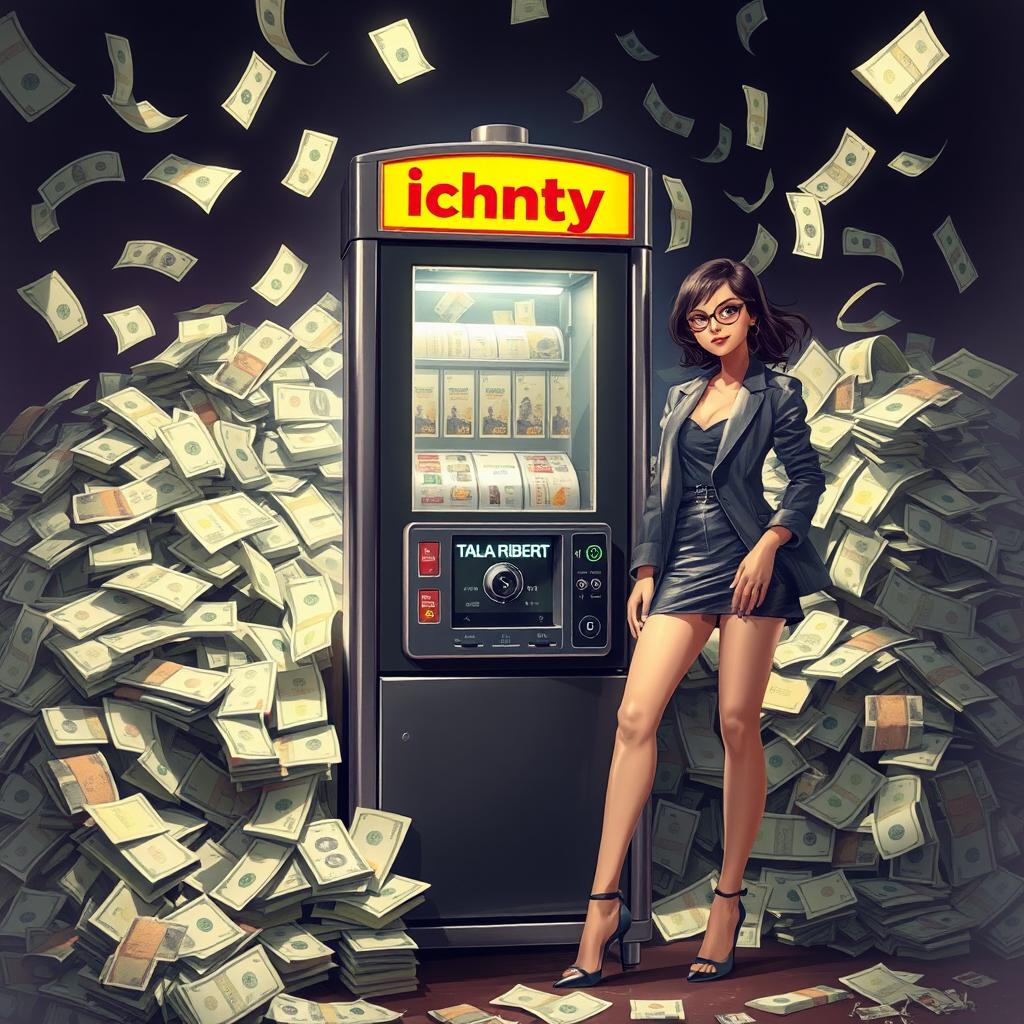 A realistic illustration of an 'ichancy' machine surrounded by piles of cash and dollars