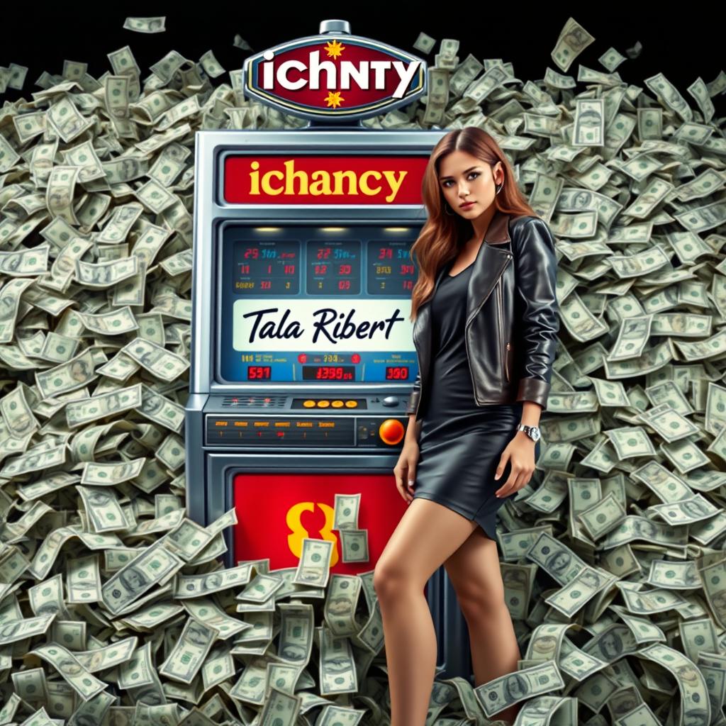 A highly detailed depiction of an Ichancy machine surrounded by a large pile of money and dollar bills