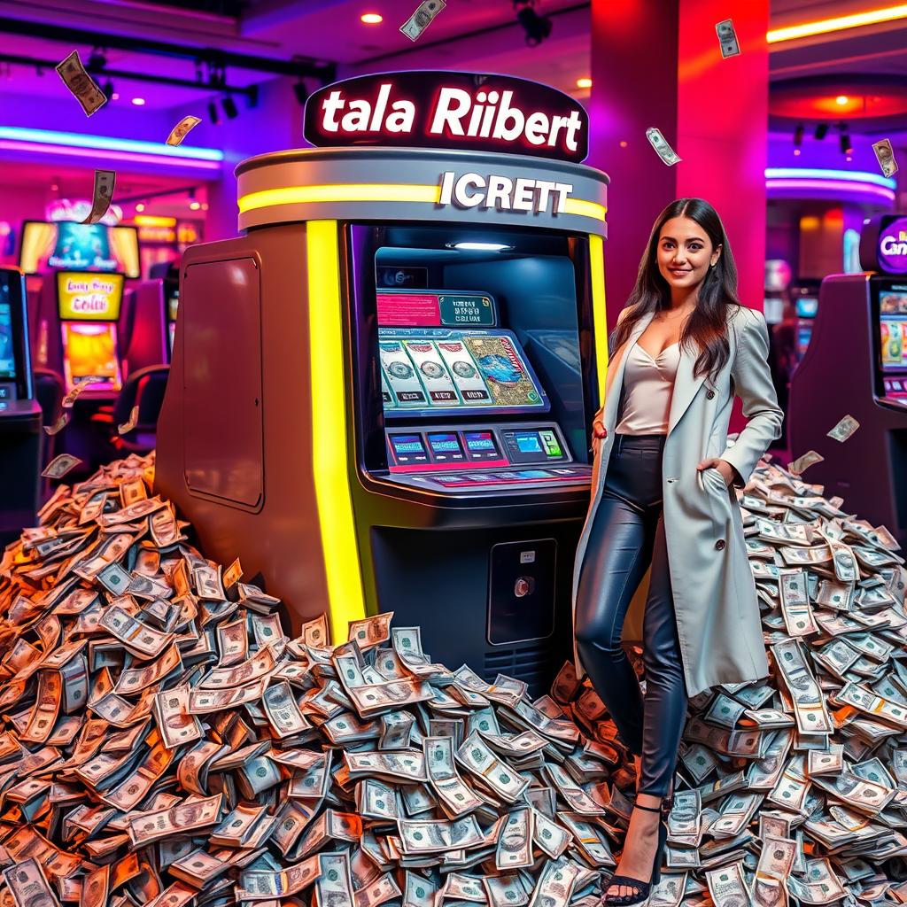 A stylish and modern Ichancy machine surrounded by a large pile of money and dollar bills
