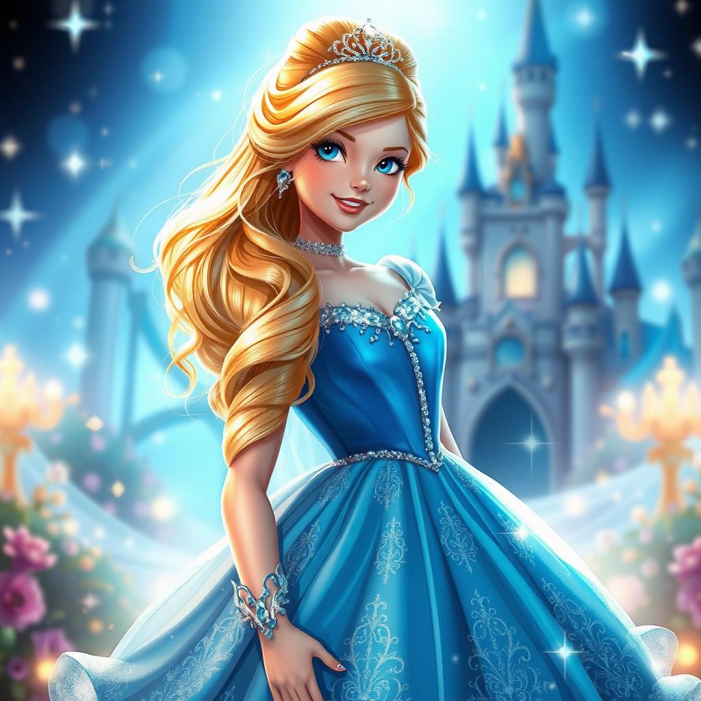 A beautiful Cinderella princess in a stunning ballgown, featuring vibrant blue and sparkling silver accents