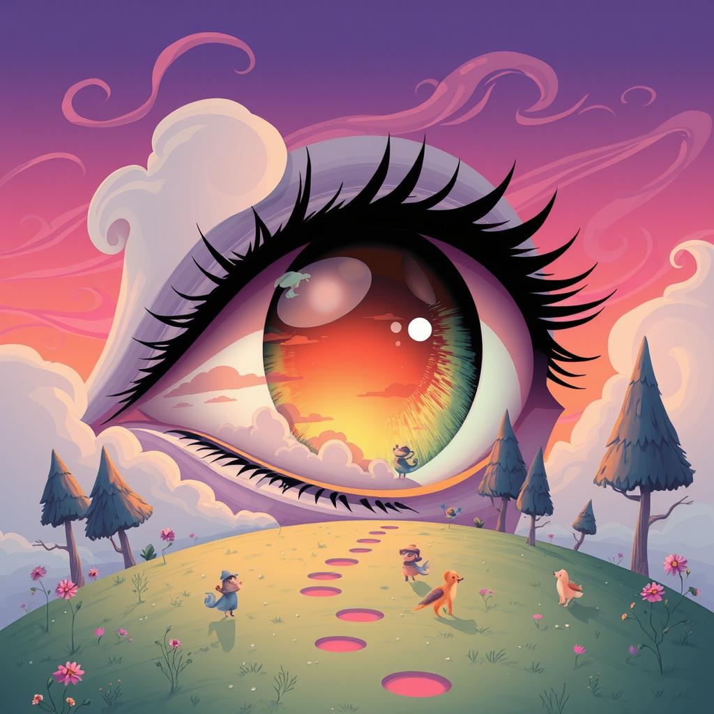 An illustration of a stylish, slightly surreal landscape where a giant eye is opened wide amidst a colorful, dreamlike setting