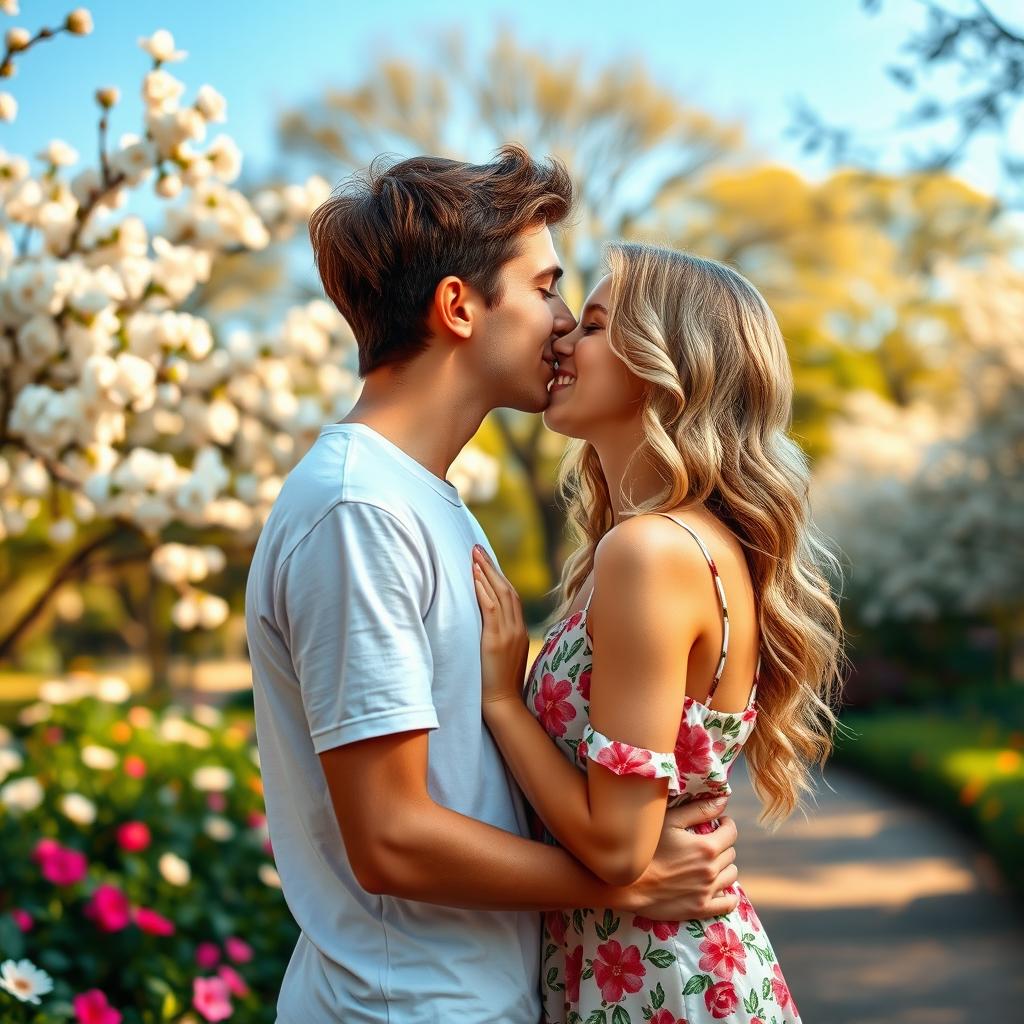 A romantic scene depicting a boy leaning in to kiss a girl in a vibrant park setting, surrounded by blooming flowers and soft sunlight filtering through the trees