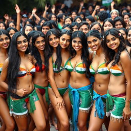 A vibrant group photo featuring beautiful typical Indian girls dressed in trendy bikinis adorned with India-themed designs and Indian flag prints