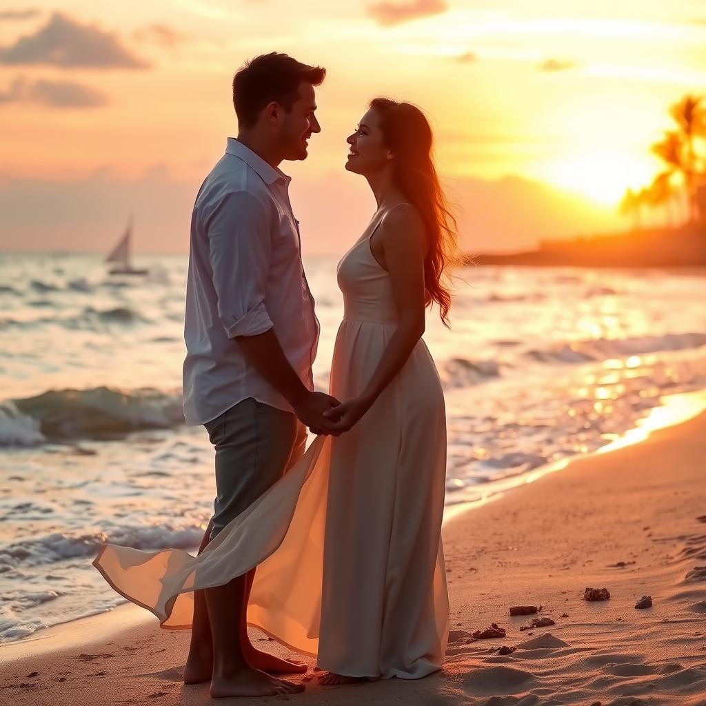 A romantic scene set at sunset by the beach, where a couple is holding hands, gazing into each other’s eyes, surrounded by soft golden light