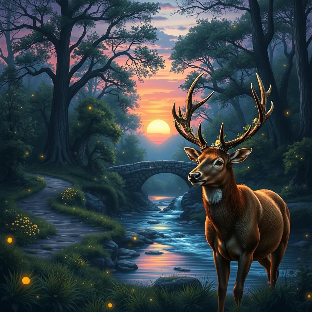 A mystical forest landscape at twilight, with glowing fireflies illuminating the lush foliage