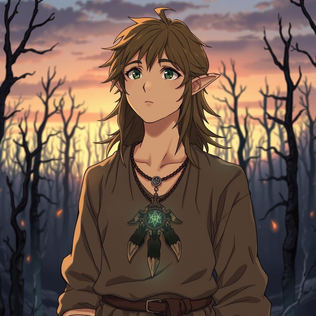 A young adult forest elf druid from the Circle of the Forest, beautifully illustrated in a Ghibli anime style, standing amidst a hauntingly beautiful forest turned to ashes