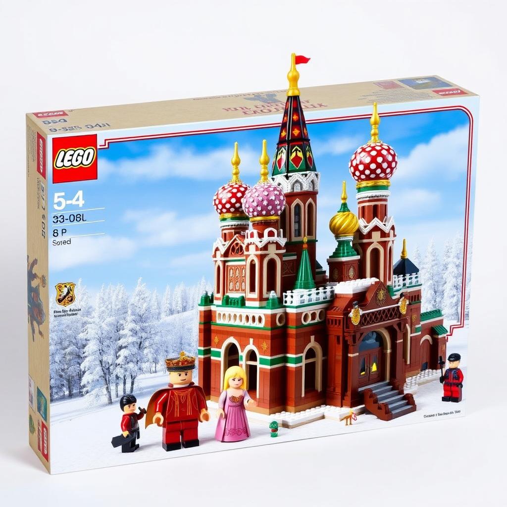 An intricate LEGO box set featuring a captivating Russian castle, inspired by traditional Russian architecture with ornate onion domes, intricate brickwork, and colorful patterns