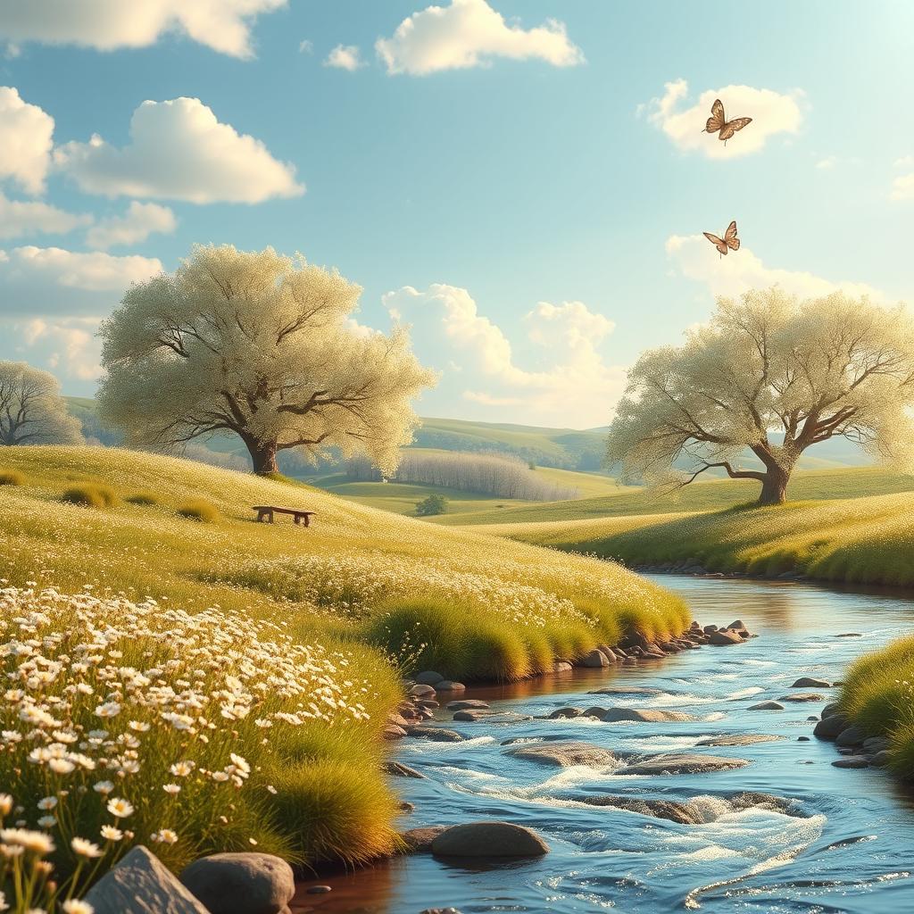 A beautifully styled aesthetic setting featuring a serene landscape with soft pastel colors