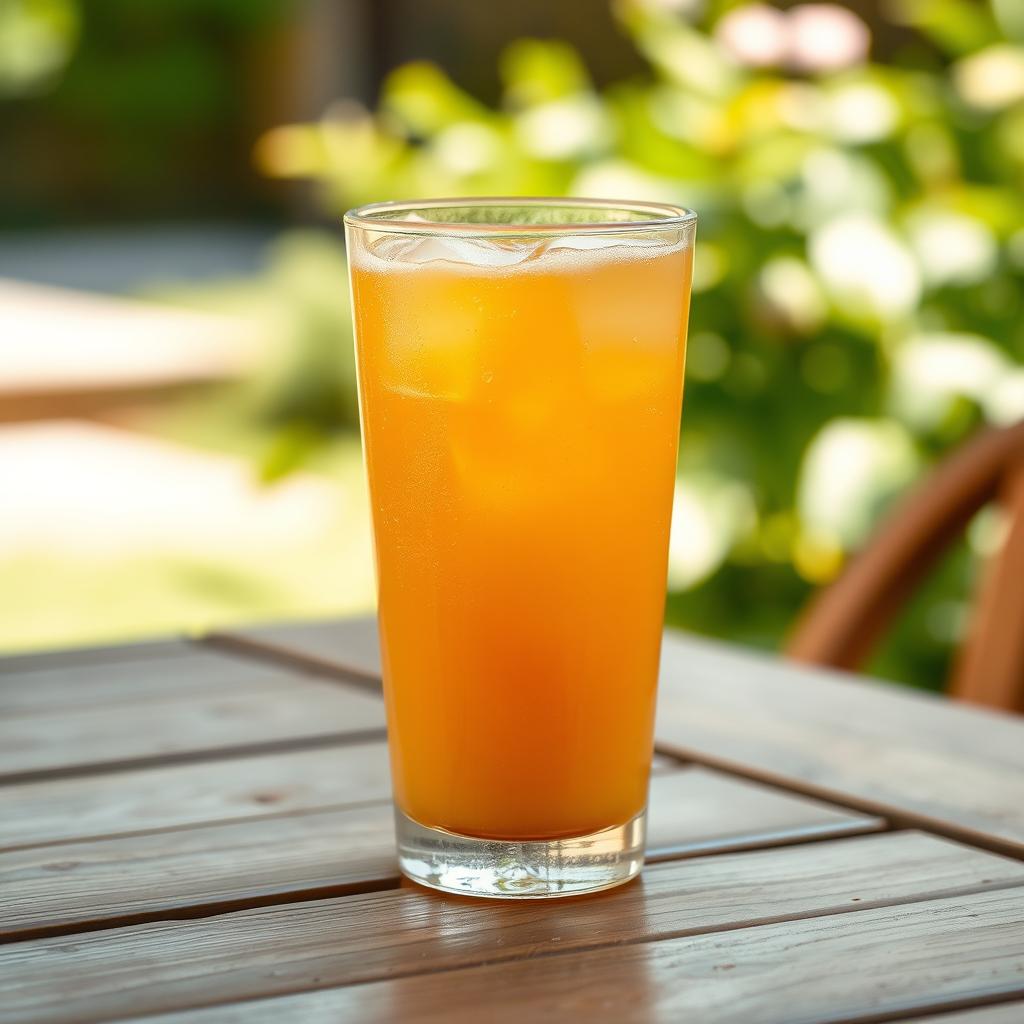 A refreshing glass of orange juice with ice cubes, placed on a wooden table