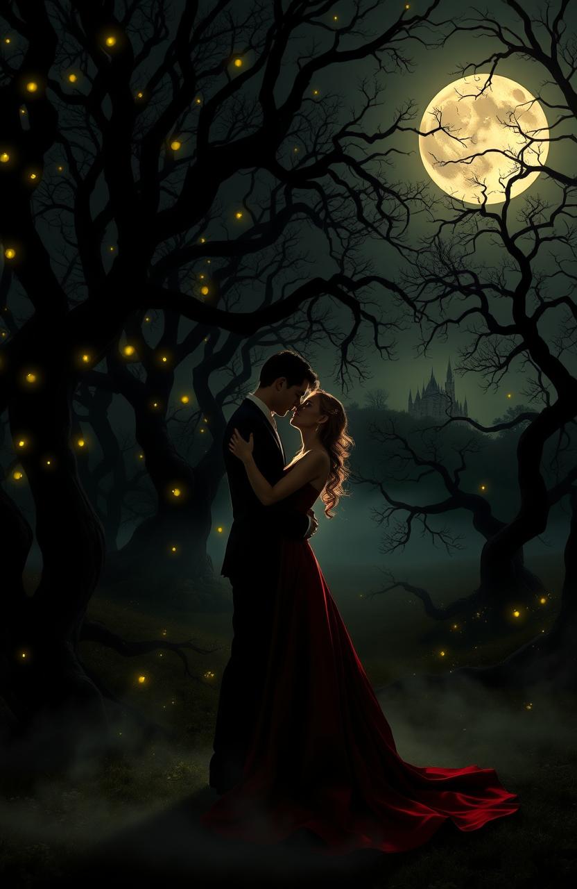A romantic scene set in an enchanted forest at night, illuminated by glowing fireflies and a soft shimmering moonlight