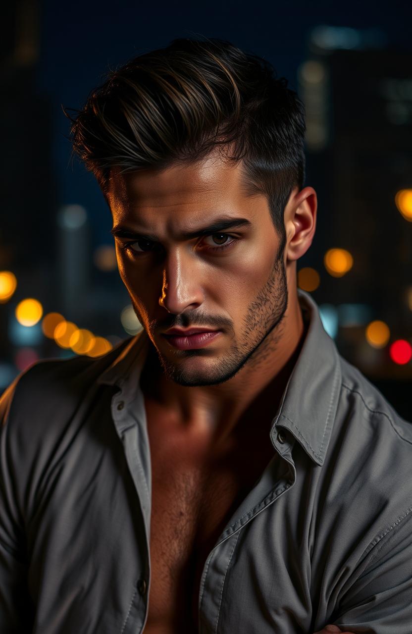 A handsome man with an enigmatic presence, portrayed in a romantic yet intense atmosphere, surrounded by hints of conflict that suggest an enemies-to-lovers dynamic