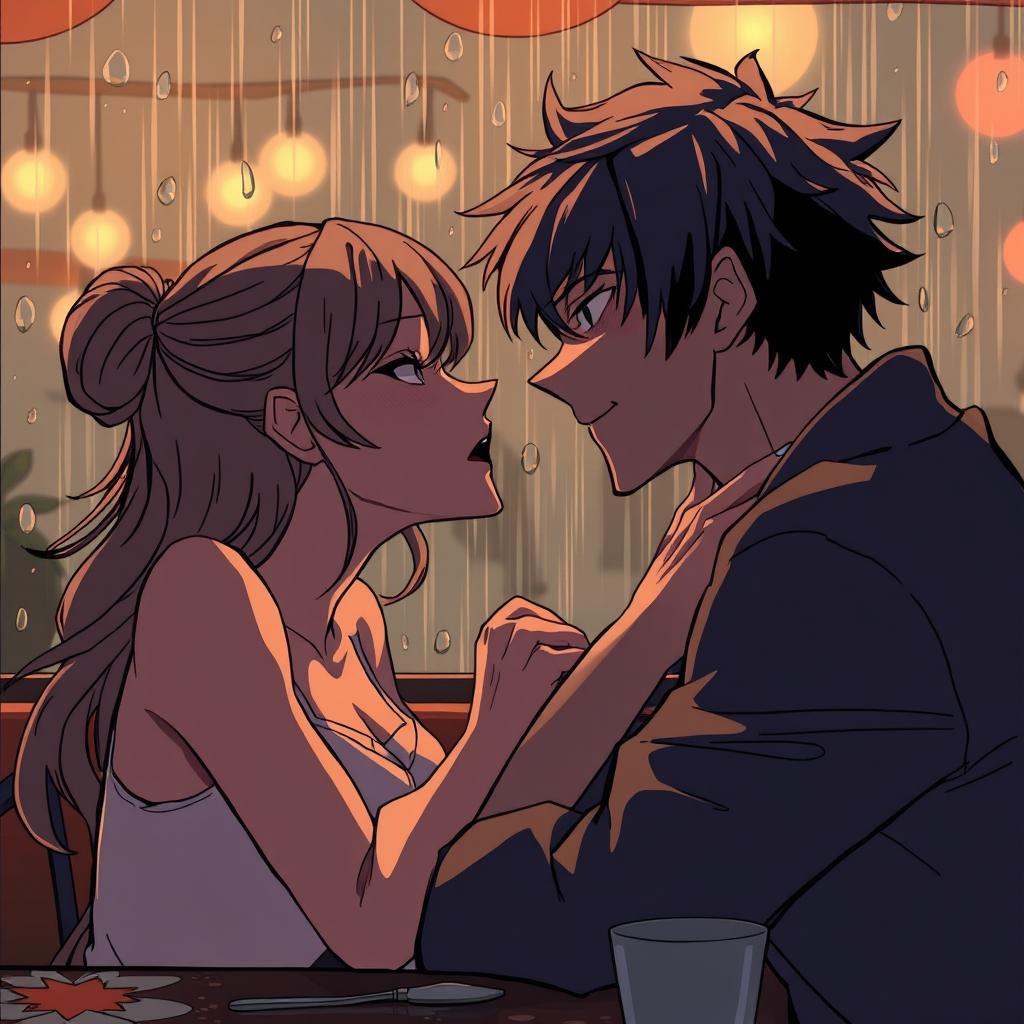 An intense, romantic scene capturing the transformation from enemies to lovers, featuring two characters caught in a moment of emotional turmoil and connection