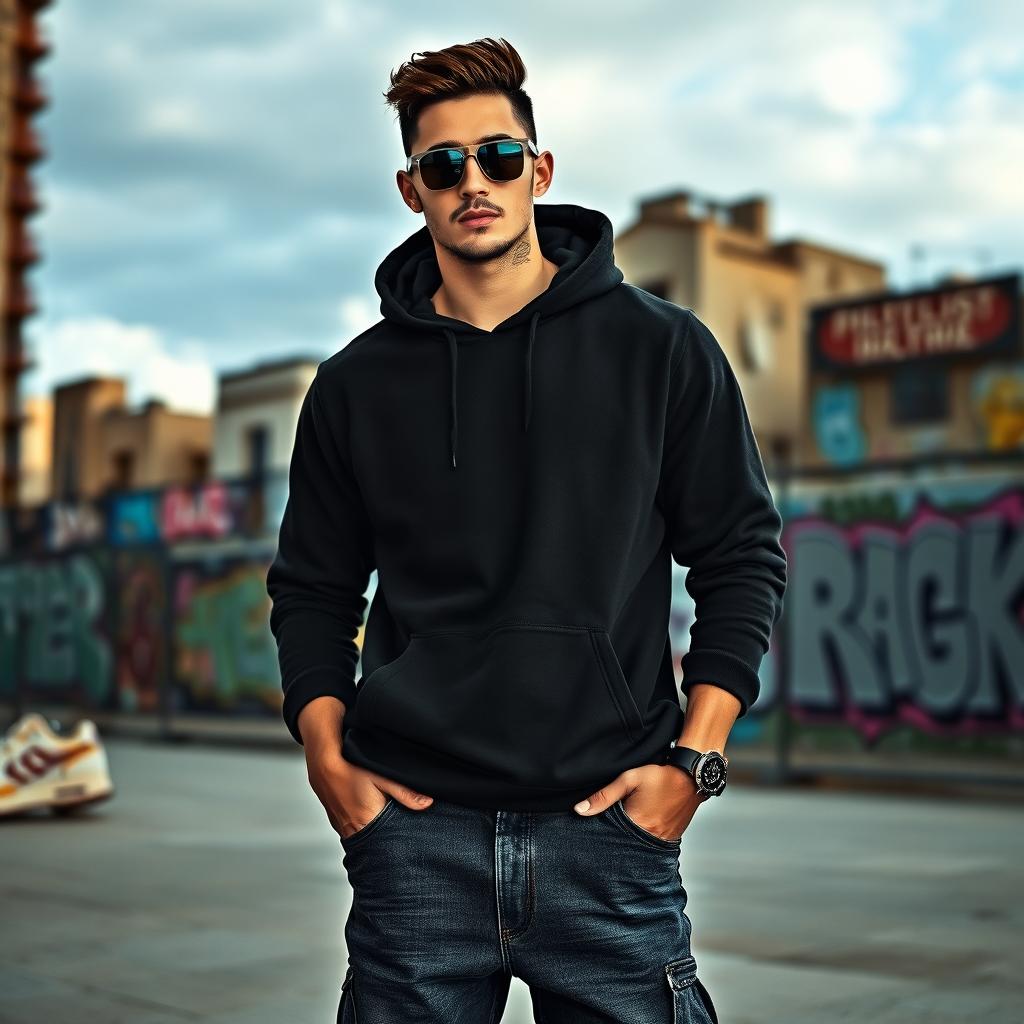 A stylish streetwear model wearing a black hoodie, standing confidently in an urban environment