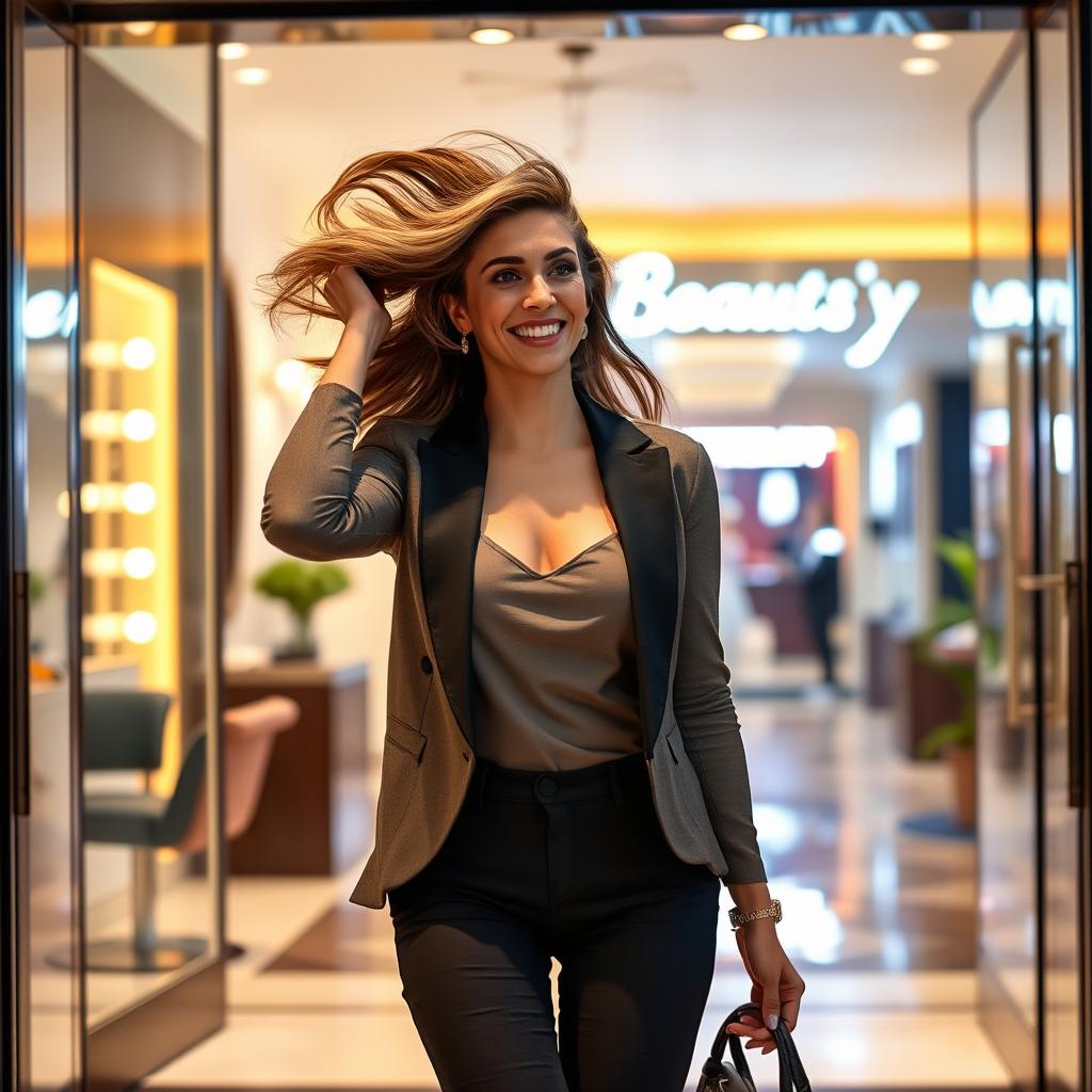 A confident woman walking out of an elegant beauty salon, flipping her freshly styled hair