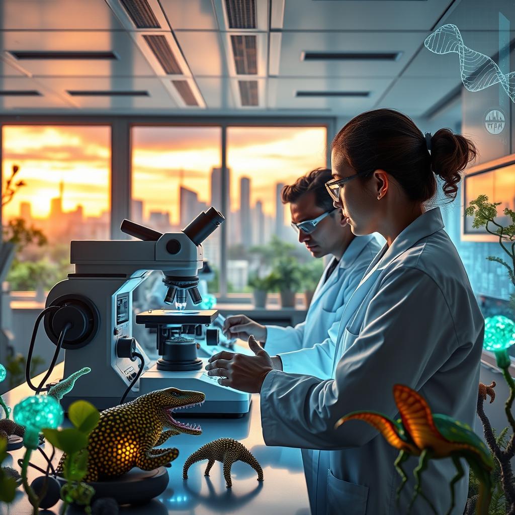 A futuristic laboratory scene showcasing advanced biotechnology research