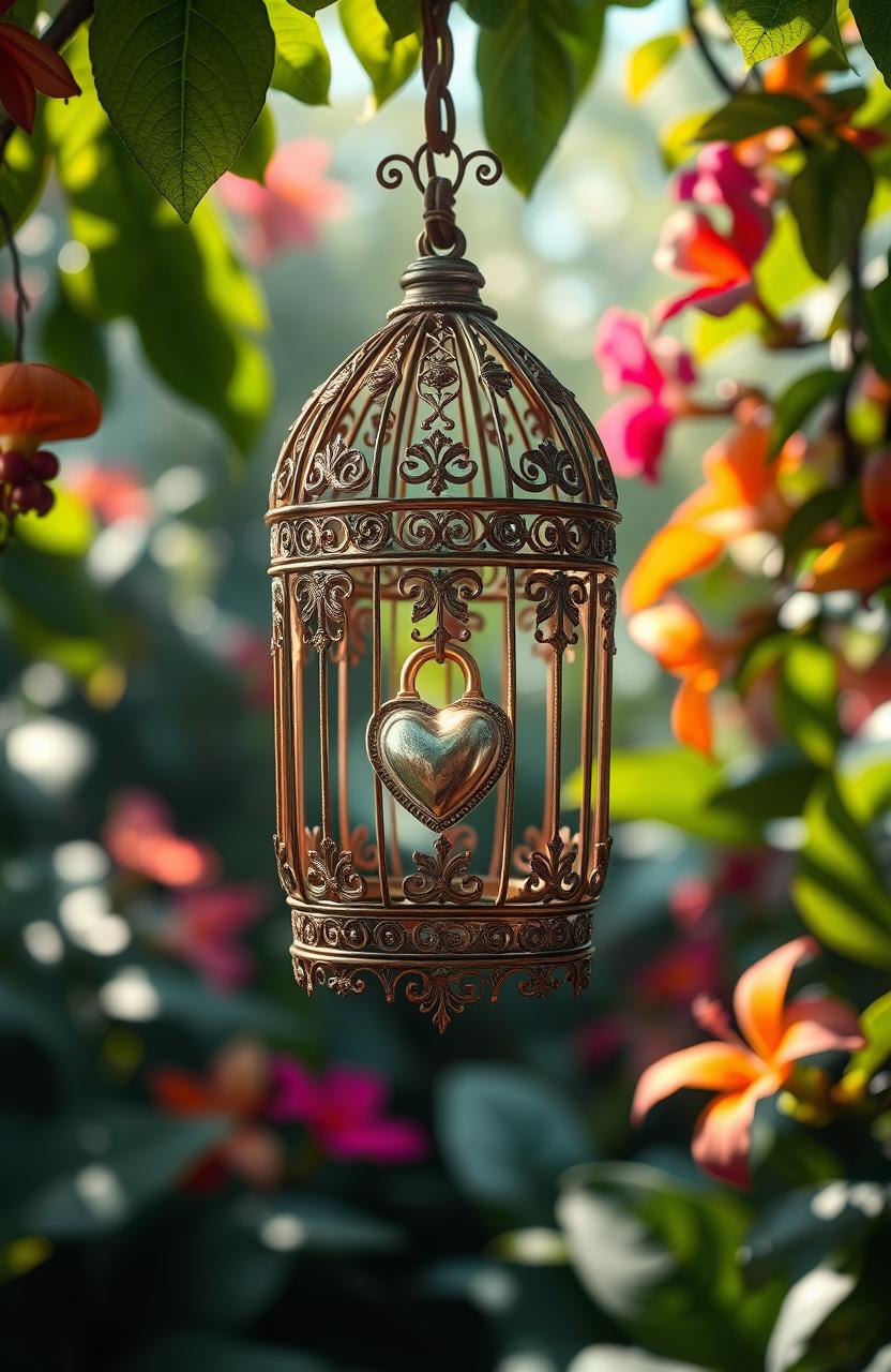 An artistic depiction of a beautiful, ornate cage, intricately designed with delicate filigree patterns and embellishments