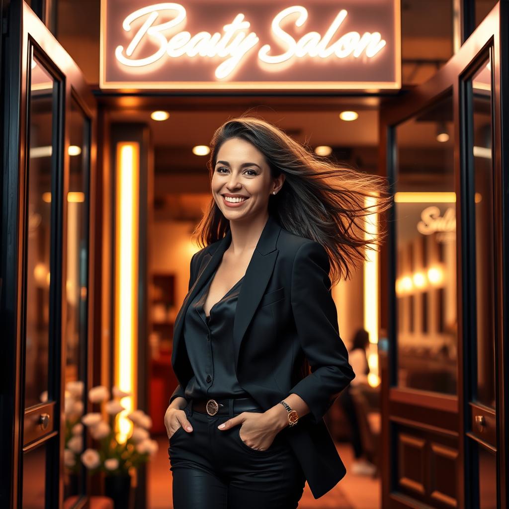 A confident woman walking out of an elegant beauty salon, flipping her freshly styled hair