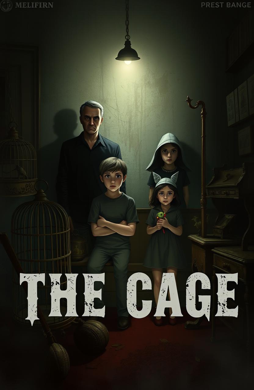 A mysterious and atmospheric scene depicting a family inside a dark, ominous room, titled 'The Cage'