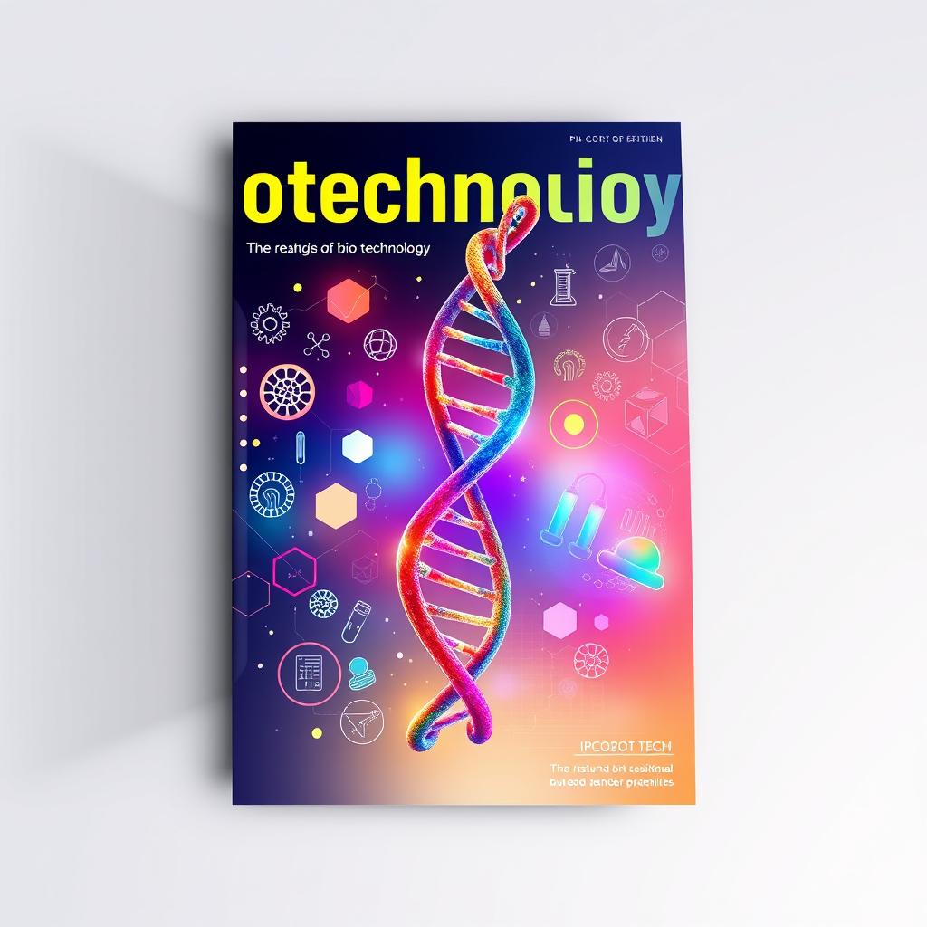 A visually striking biotechnology cover design featuring a prominent DNA double helix in vibrant colors, surrounded by abstract representations of cellular structures, genetic sequences, and laboratory equipment