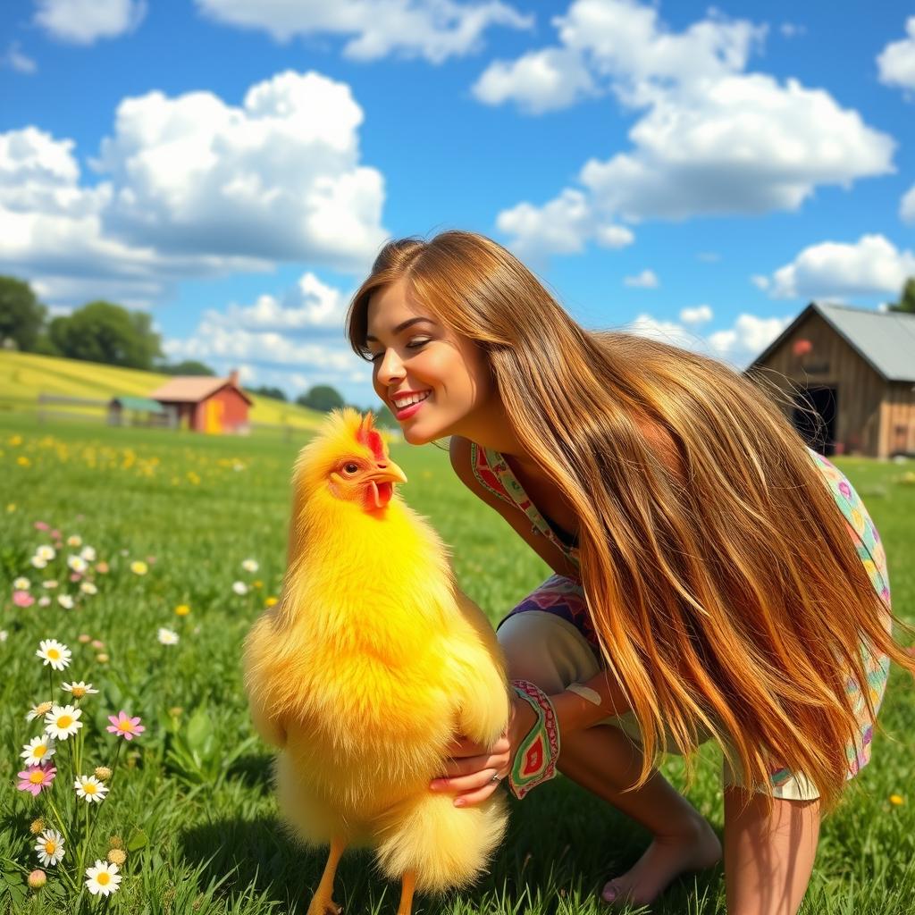 A vibrant and whimsical scene of a cheerful woman with long flowing hair, playfully leaning down to kiss a fluffy, bright yellow chicken
