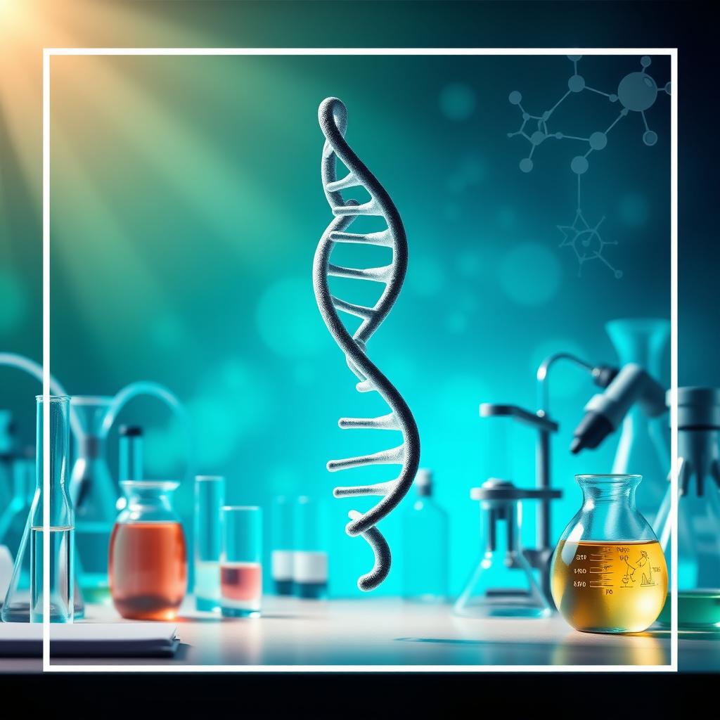 A visually striking cover image featuring a double helix DNA strand prominently in the center, surrounded by various lab apparatus such as test tubes, beakers, and microscopes