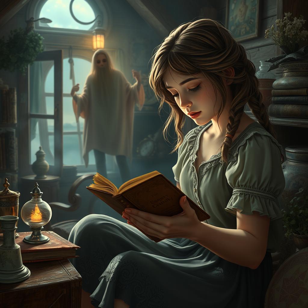A captivating scene depicting 15-year-old Elara in a quaint coastal town, discovering an old diary hidden in her attic
