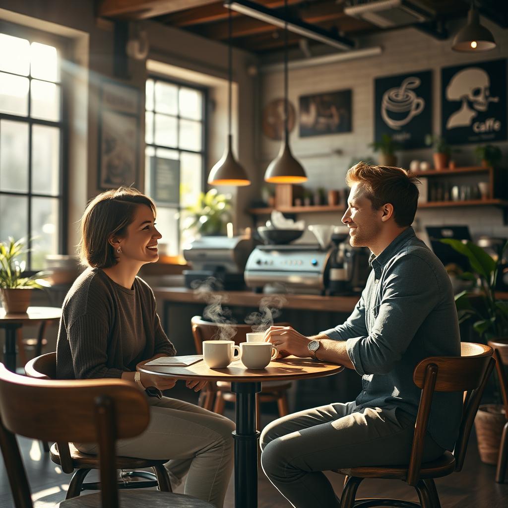 A cozy and inviting cafe shop scene featuring a man and woman engaged in a lively conversation at a small round table