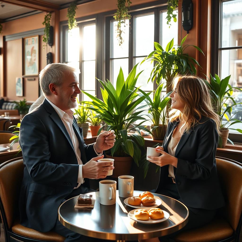 A cozy cafe setting with a warm atmosphere, featuring a well-dressed man and a stylish woman engaged in an animated conversation at a small round table