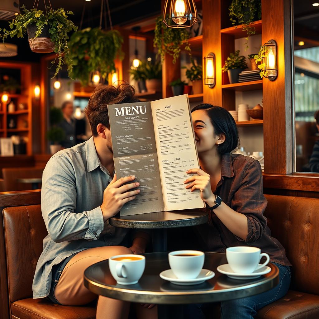 A cozy cafe shop scene featuring a man and a woman sitting at a small table