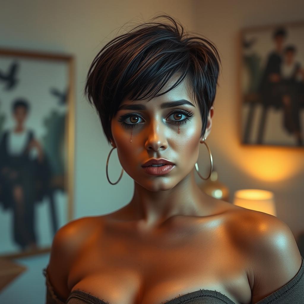 A voluptuous model with short hair, displaying a range of emotions as she cries