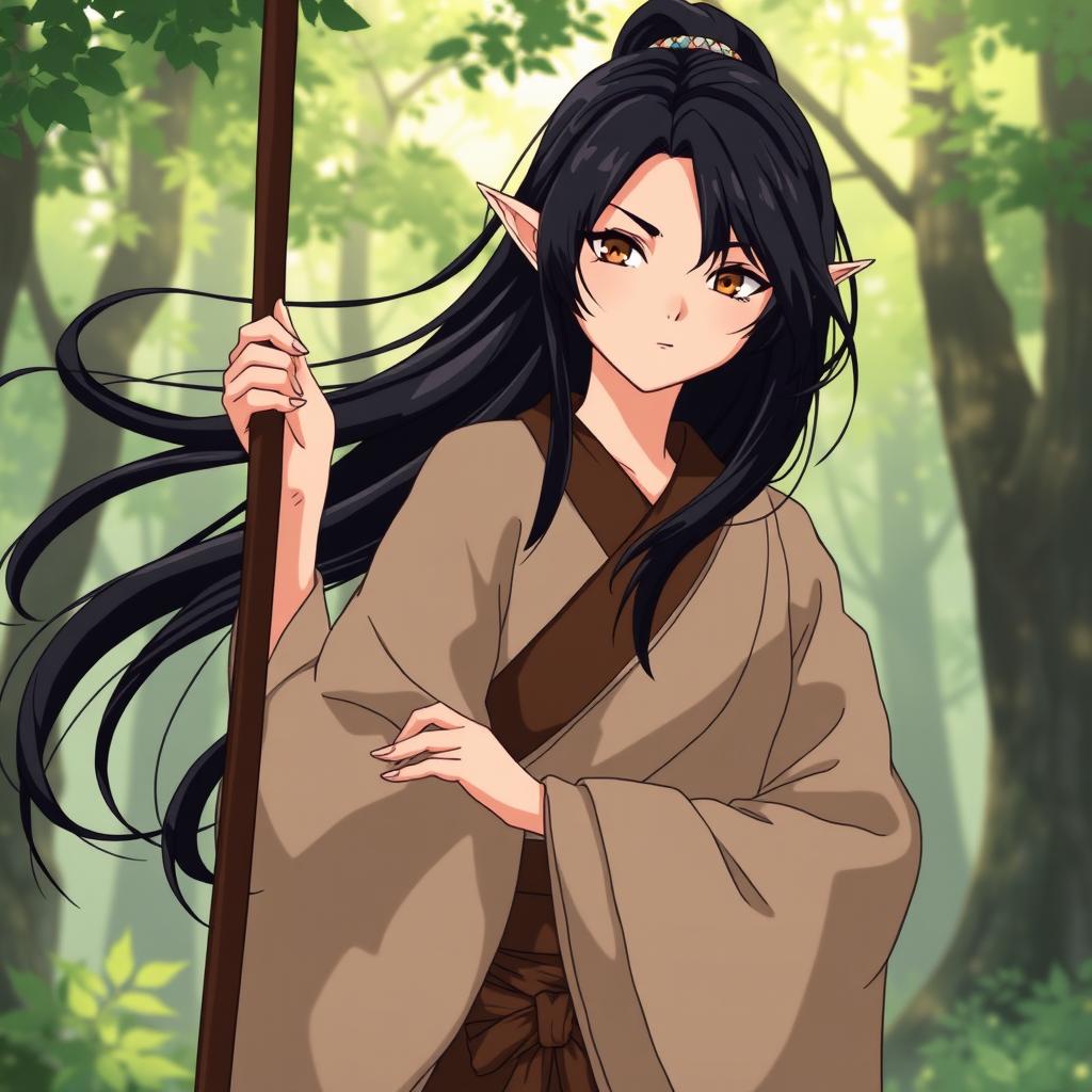 A forest elf martial artist in her thirties, beautifully illustrated in a Studio Ghibli anime style
