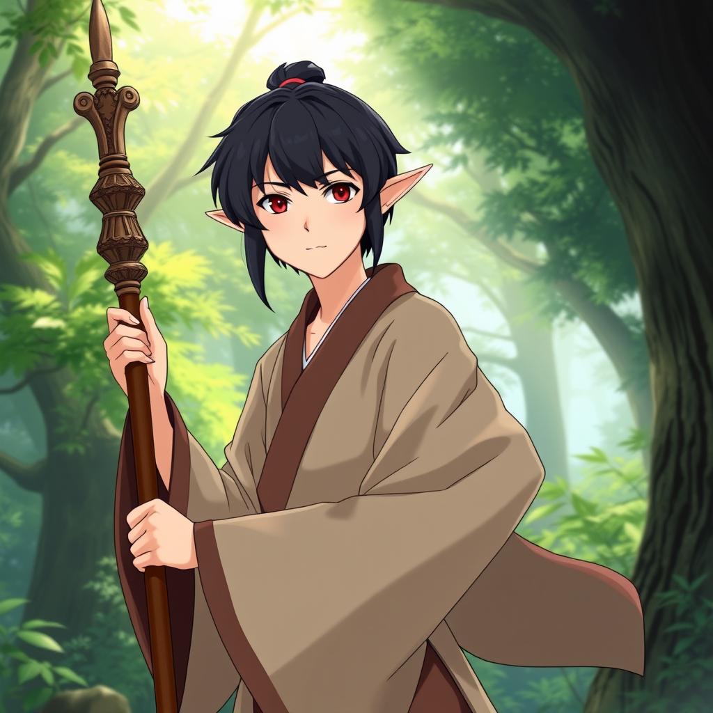 A forest elf martial artist in her thirties, beautifully illustrated in a Studio Ghibli anime style