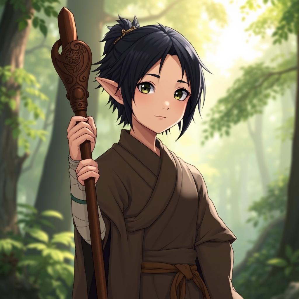 A forest elf martial artist in her thirties, beautifully illustrated in a Studio Ghibli anime style