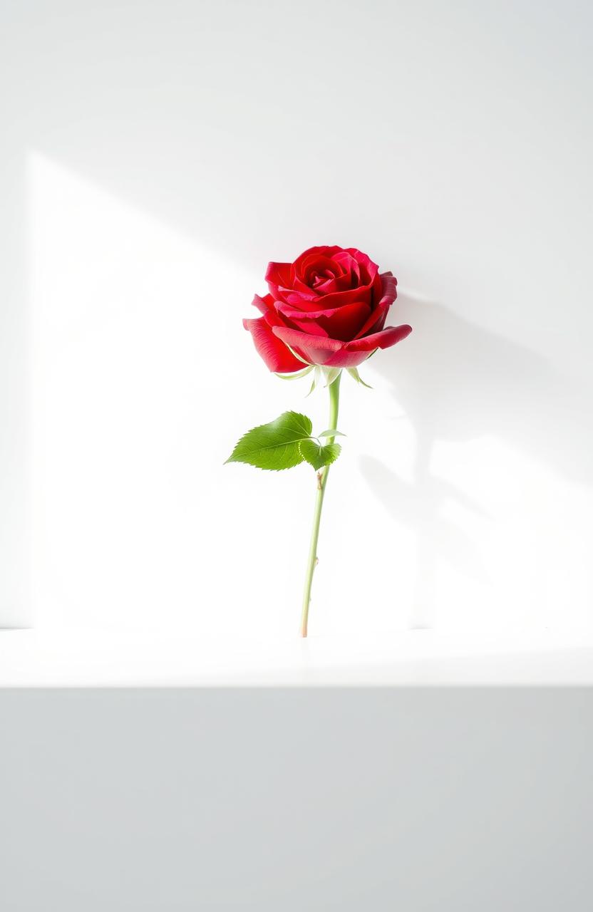 A minimalistic design featuring a single elegant flower in full bloom, positioned in the center of a clean, white background