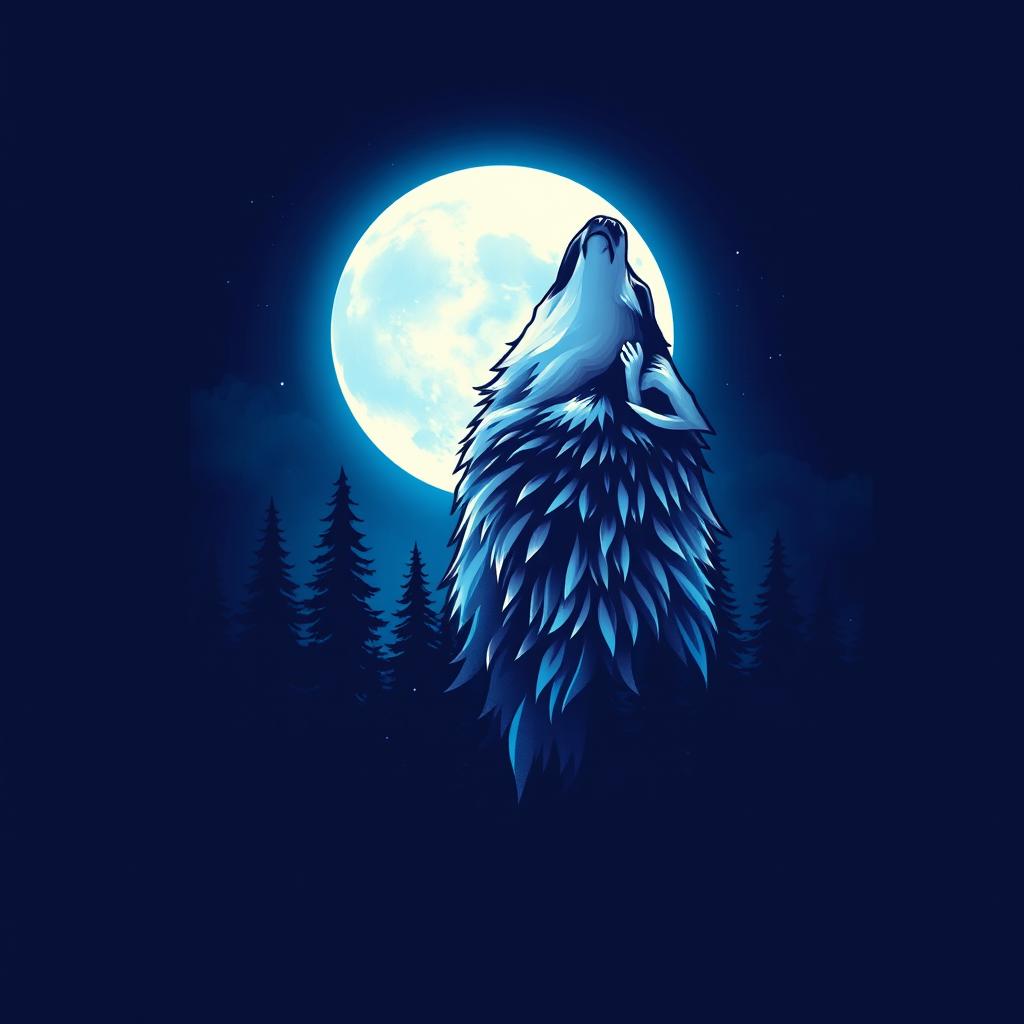 A trendy t-shirt design featuring a large, vibrant illustration of a majestic wolf howling at the moon, surrounded by a forest silhouette