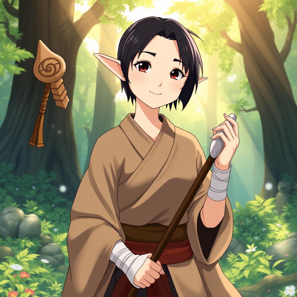 A forest elf martial artist in her thirties, beautifully illustrated in a Studio Ghibli anime style