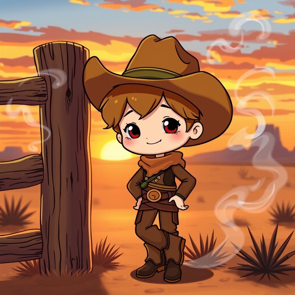 A cute character with a bright smile, dressed in a western style outfit including a cowboy hat and boots, casually leaning against a rustic wooden fence