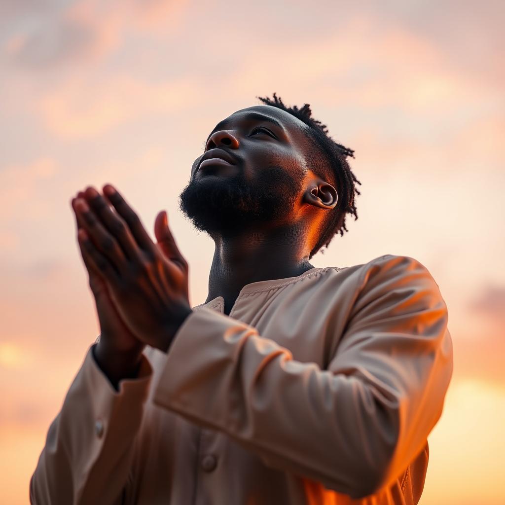 A powerful and uplifting scene of a Black man in a moment of deep prayer, with his hands raised towards the heavens