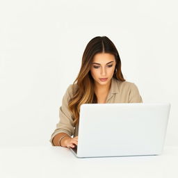 A woman intently focused on using a laptop, surrounded by a minimalist background