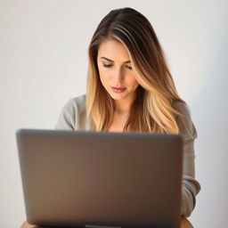 A woman intently focused on using a laptop, surrounded by a minimalist background