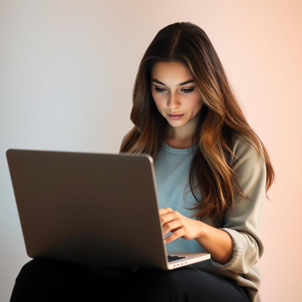 A woman intently focused on using a laptop, surrounded by a minimalist background