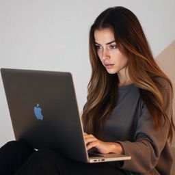 A woman intently focused on using a laptop, surrounded by a minimalist background
