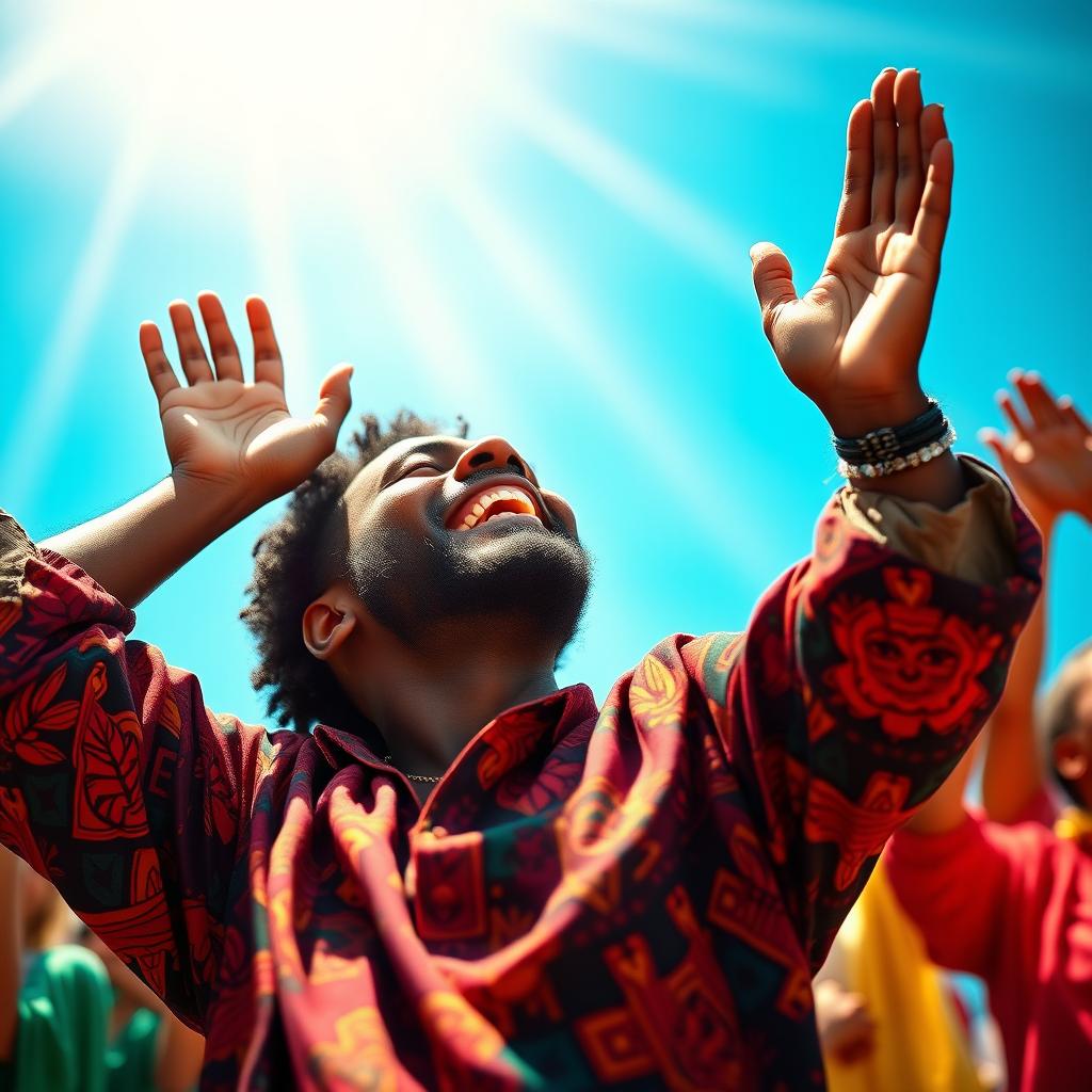 A dynamic and joyous scene of a Black man giving praises, with his hands raised high towards the heavens in a vibrant expression of worship