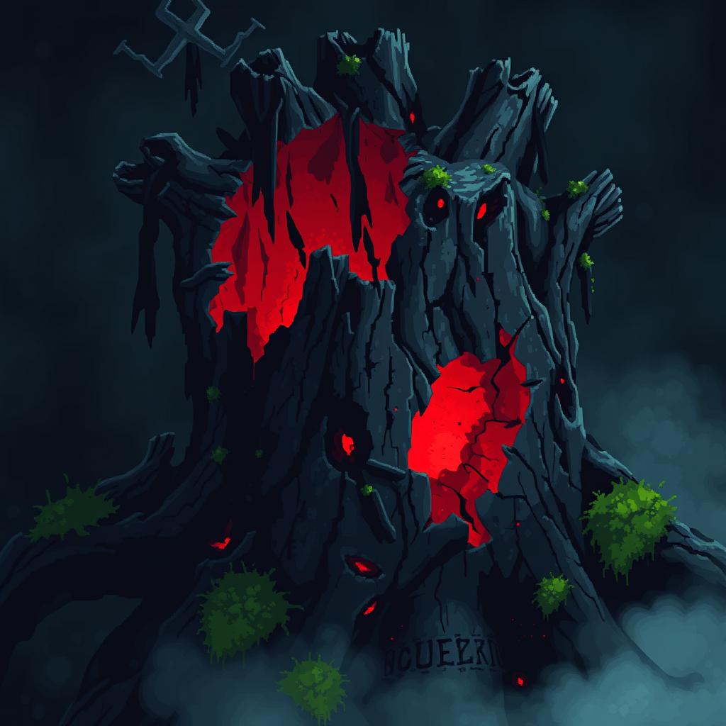 A dark and eerie wooden core with jagged cuts and deep engravings, designed for a pixel game