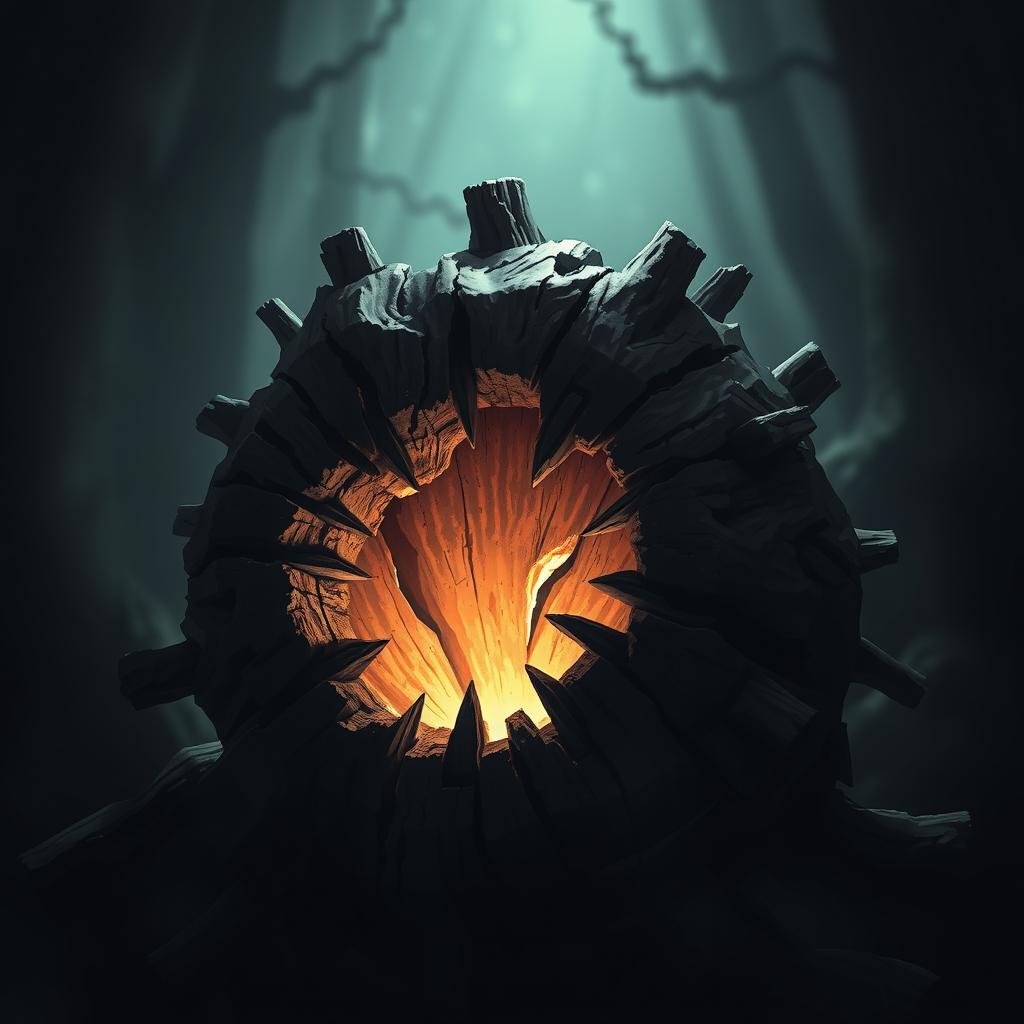 A wooden core with deep, jagged cuts and splintered edges set in a dark, eerie environment
