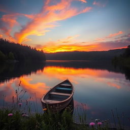 A beautiful sunrise over a serene lake, reflecting vibrant orange and pink hues in the sky, surrounded by lush green forest