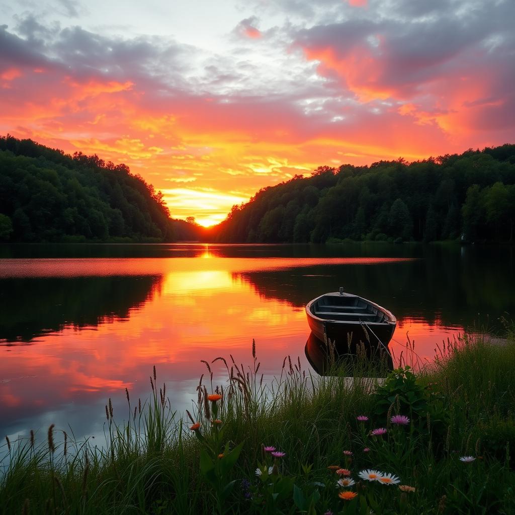 A beautiful sunrise over a serene lake, reflecting vibrant orange and pink hues in the sky, surrounded by lush green forest