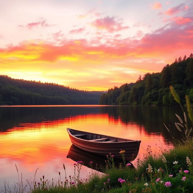 A beautiful sunrise over a serene lake, reflecting vibrant orange and pink hues in the sky, surrounded by lush green forest