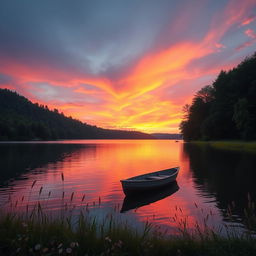 A beautiful sunrise over a serene lake, reflecting vibrant orange and pink hues in the sky, surrounded by lush green forest